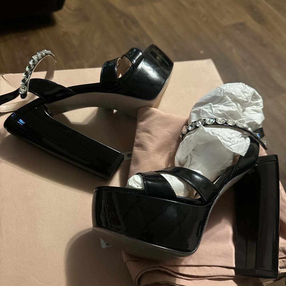 Miu Miu Black Platform Sandals with Crystal Accents